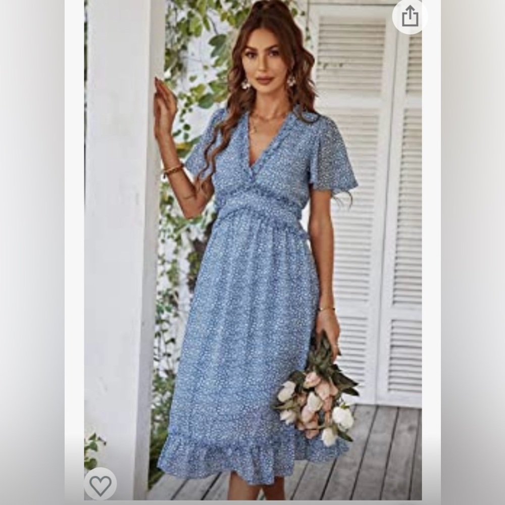 Women’s Modest Ruffle Blue Print Midi Dress S